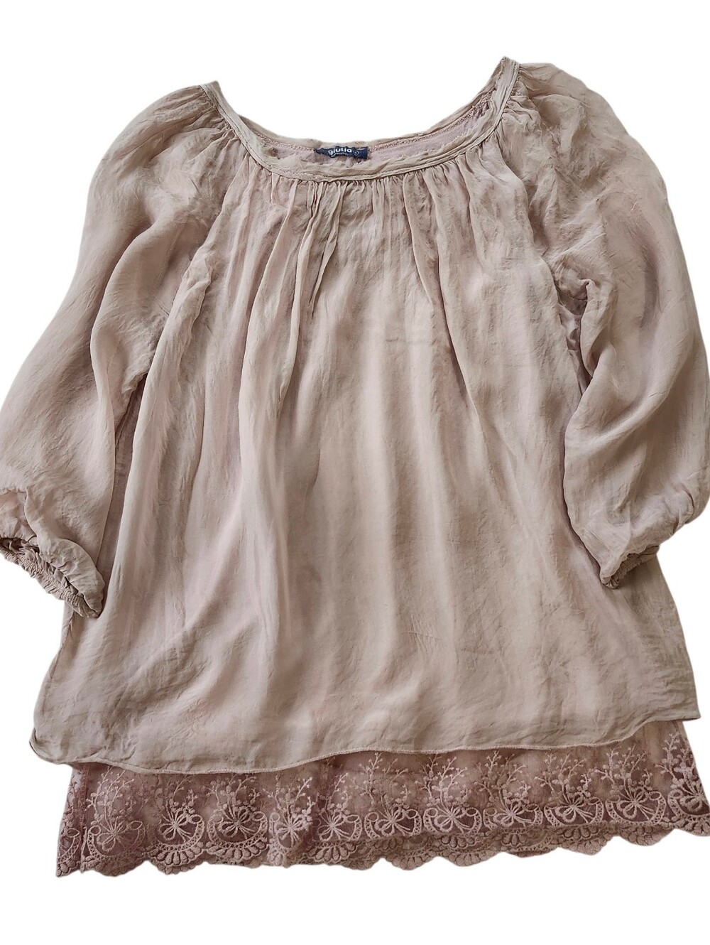 Giulia 100% Silk Romantic Babydoll Peasant Blouse with Lace-Trimmed Cami S